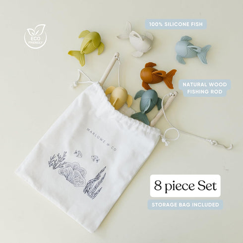 Playset, Marlowe & Co Silicone and Wooden Fishing Montessori Fine Motor Skills Fish Game for Children with Storage Bag