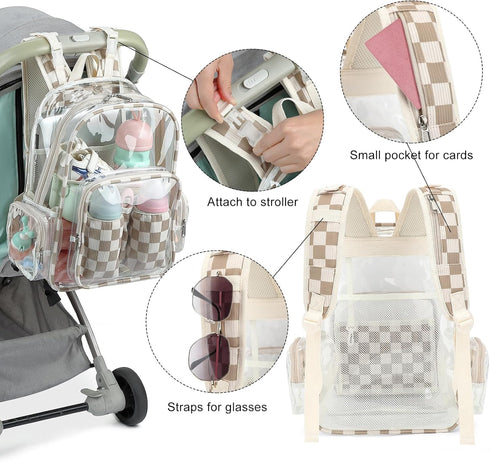Dezcrab Backpack Clear Baby Diaper Bag for Mom, Large Capacity Travel Nappy Bag for Boys & Girls with Stroller Straps
