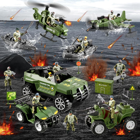 HOSPONY 78-in-1 Sets 4-7 6-8 8-14 Army Men Toys with Realistic Military Truck/Helicopter/Kayak Boat/Motorcycle/Army Men