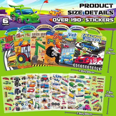 6 Pack 2-4, 3D 3-5, Set Elfew Car Sticker Books for Toddlers Reusable Puffy Vehicle Stickers for Boys Construction