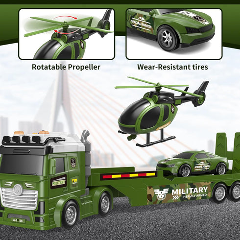 DWIRCTOYS 3 4 5 6 7 8 25" Kids Toys for Ages Years Old Boys, Large Army Semi Truck with Helicopter & Race Car, Friction