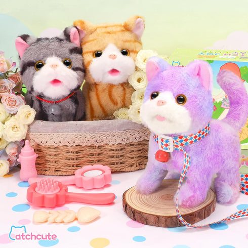 CatchCute Plush Toys Cat for Kids with Leash, Interactive Electronic Kitty That Walking,Meowing,and Tail Wagging