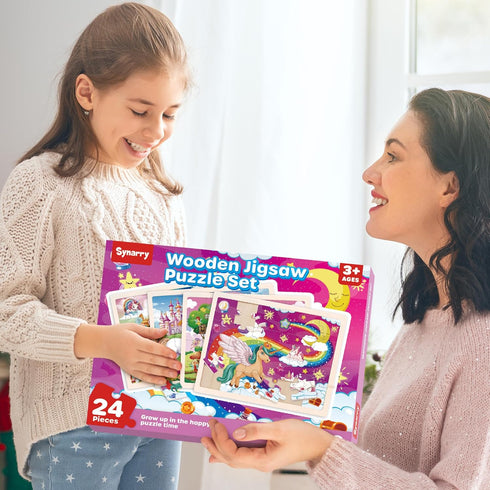 SYNARRY Large Unicorn Princess Fairy Wooden Puzzles Gift Box (12.2*9.4 in) - 24 Pcs for Kids Ages 4-6