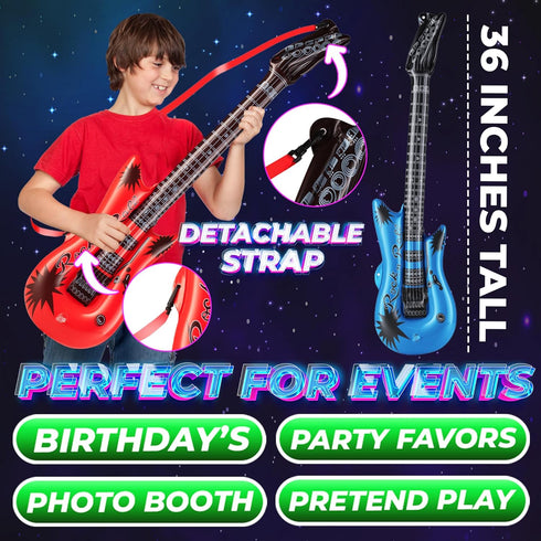 (pack 12) 36-inch 80s 90s Inflatable Guitars With Strap - Of Colorful Blow Up Guitar, Party Favors, DJ-props