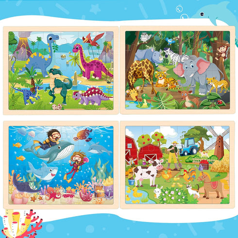 3 4 5 4 Pack 24 Wooden Animals Puzzles for Kids Age Year Old, Pcs Montessori Toddler Jigsaw Puzzles for Girl boy