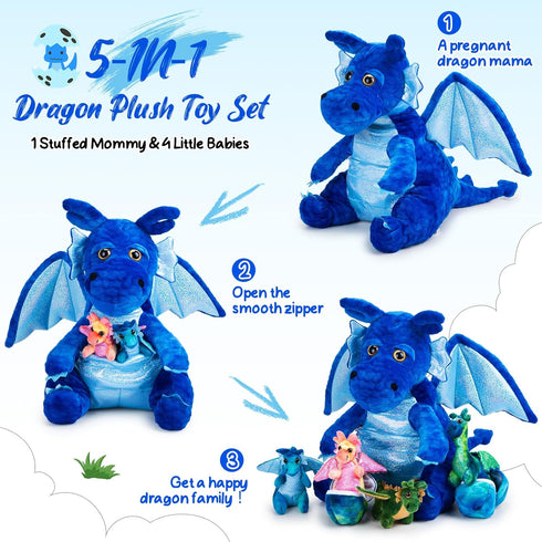 7 Set 15.75'' Mommy 4 2 Arrowbash Pcs Dragon Family Plush Toys Gift Large Dragon Stuffed Animal with Baby Dragons