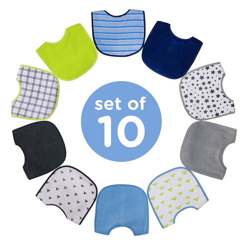 Neat Solutions 10 Pack Water Resistant Bib Set in Blue/Grey Assorted, 10 Count, 0+ Months
