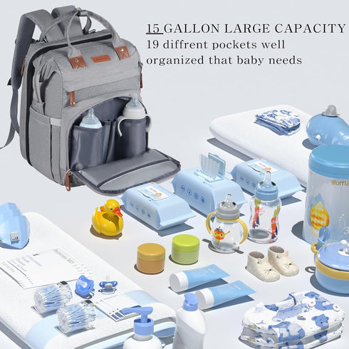 Shengmeister Backpack Baby Diaper Bag, with Changing Table, Unisex Baby Bag, with Diaper Pad, USB Charging Port