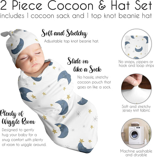 Set Sweet Jojo Designs Moon Star Baby Boy Girl Cocoon and Beanie Hat Jersey Stretch Knit Sleeping Bag Infant Newborn