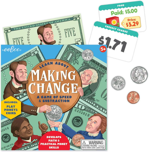 50 5 eeBoo: Making Change Game, Item Cards with Play Money, Develop Math and Practical Money Skills, Perfect for Ages
