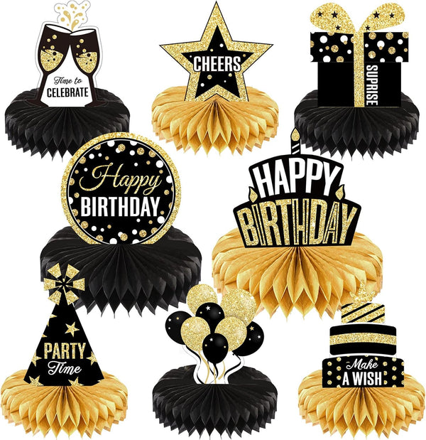 8 Pieces Happy Birthday Party Decorations Supplies, Birthday Honeycomb Centerpieces Table Toppers, Black and Gold