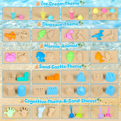 REZUCREY 4 3-10 Beach Toys for Kids Toddlers, Sand Castle Toys with Sand Bucket and Shovels, Mesh Bag & Molds, Ice