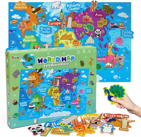 Taika Set, Set, 43x28 inch 4+ World Felt Felt World Map with World Famous Sights, Educational Play Mat Flannel Board