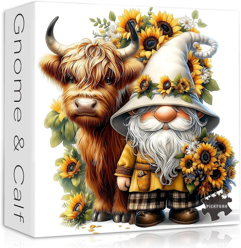 PICKFORU Highland Cow Gnome Puzzles for Adults 1000 Pieces, Nature Sunflower and Cow
