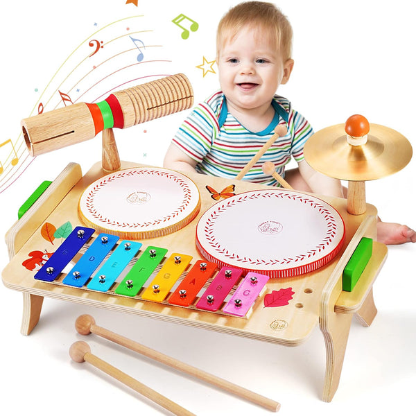 Kids Drum Set for Toddlers - 7 in 1 Montessori Preschool Musical Toys, Drum Kit, Xylophone, Tambourine Birthday Gifts