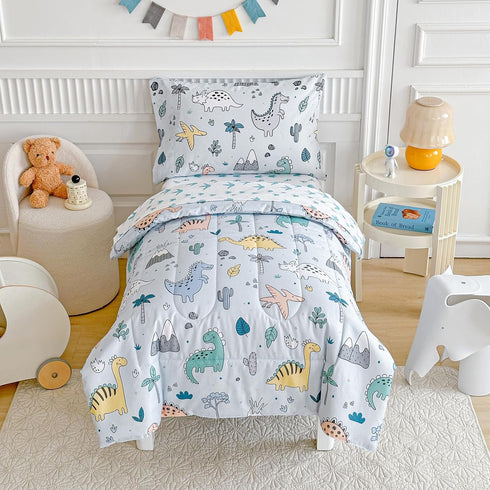 Joyreap 4 Piece Toddler Bedding Set, Cute Dinosaur on Light Blue, Ultra Soft