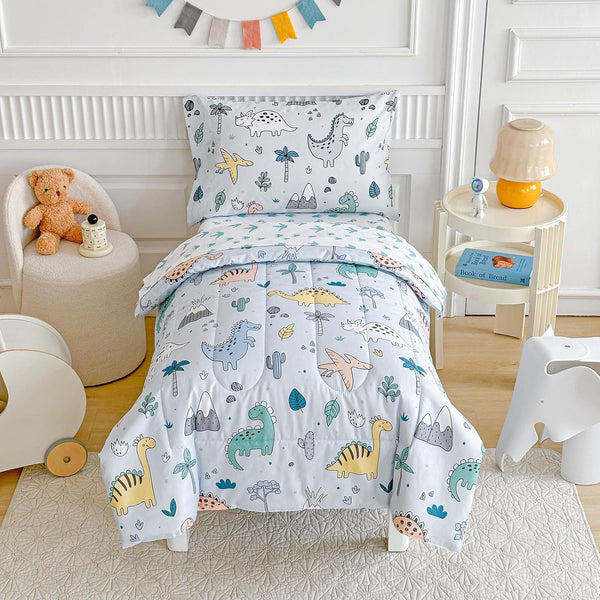 Joyreap 4 Piece Toddler Bedding Set, Cute Dinosaur on Light Blue, Ultra Soft