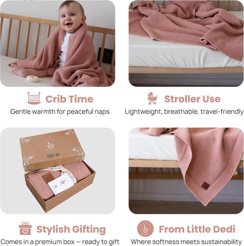 100% 30"x40", Organic Cotton Baby Knitted Blanket with Gift Box - Soft Toddler, Crib, Stroller Blanket - Neutral