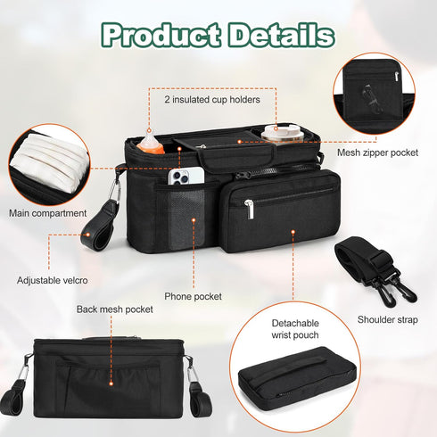 Universal Stroller Organizer Bag, Stroller Caddy with Insulated Cup Holders & Detachable Phone Bag and Shoulder Strap