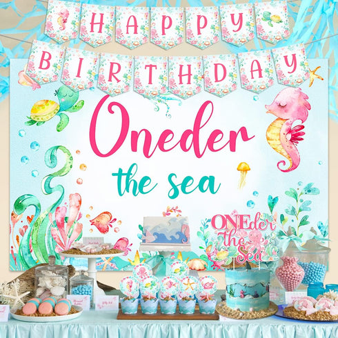 1st Oneder the Sea Birthday Girl Decorations, Under the Sea Ocean Animal Happy Birthday Backdrop Banner High Chair