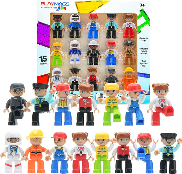Playmags Large Magnetic Figures Community Set of 15 Pieces, 3” Play People for Building Blocks