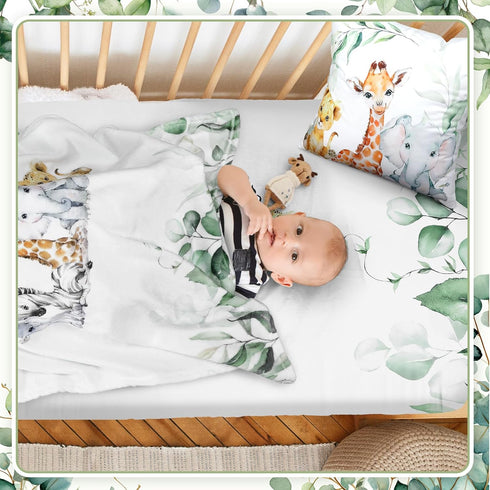HunnmingRe Set 3 Set Baby Safari Animals Crib Bedding Pcs Crib Baby Blanket, Fitted Sheet, Pillowcase Soft Flannel