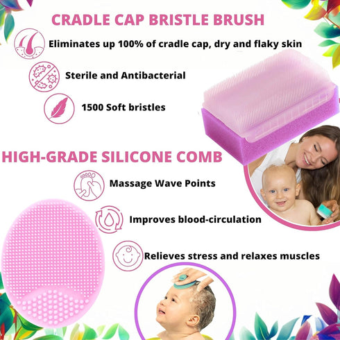 Set (5-Pack Cradle Cap Brush and Sponge for Baby - Bath Essentials for Newborns | Treatment Comb | Baby Bath Sponges