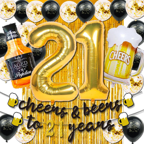 21st Birthday Decorations for Him, 40 Inch Gold 21 Number Balloons, Cheers to 21 Years Banner, Fringe Curtains and Cups