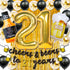 21st Birthday Decorations for Him, 40 Inch Gold 21 Number Balloons, Cheers to 21 Years Banner, Fringe Curtains and Cups