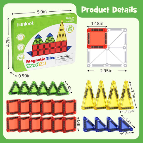 26PCS Set 3+ Mini Magnetic Tiles - Travel Magnetic Building with Storage Iron Box, STEM Educational Toys for Kids Ages