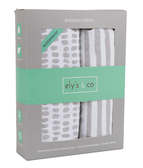 Ely's & Co. Patent Pending Waterproof Bassinet Sheet, 2 Pack Neutral Taupe Grey Splash & Stripes for Baby Girl and Boy