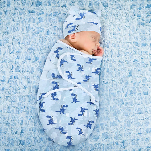2 Pack Cinaci Adjustable Soft Cotton Blend Newborn Baby Receiving Swaddle Blankets Sleep Sacks with Nursery Hats Caps