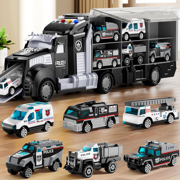 NIPLOOOW Police Trucks Toy Set with Play Mat, Carrier Truck Play Vehicles Set