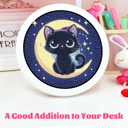 Gemozaic 6-8-12, (8x8inch) Cat Diamond Art Kits for Kids with Round Frame, Black Cat Diamond Art for Kid Ages Animal