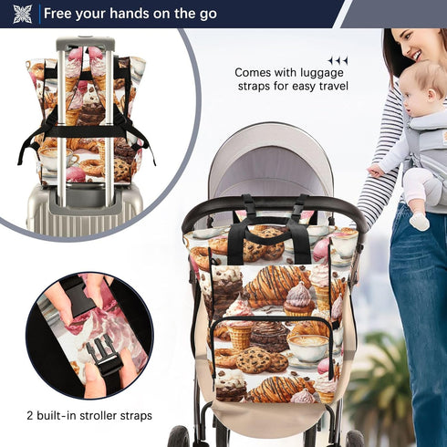 SUABO Backpack Bread Ice Cream Pattern Baby Diaper Bag Large Bag Waterproof Travel Diaper Bags for Moms and Dads