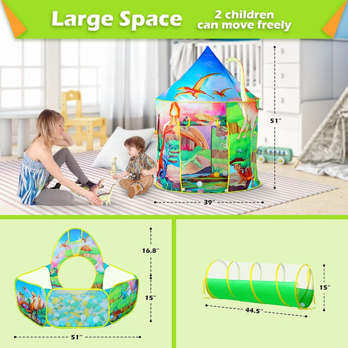 3PC Dinosaur Tent for Girls, Kids Ball Pit, Play Tents and Crawl Tunnel, Pink Pop Up Playhouse Toys