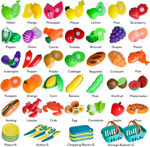 100 PCS Cutting Play Food Toy for Kids Kitchen, Pretend Food Toys with Baskets, Birthday Gifts for Ages 3-5