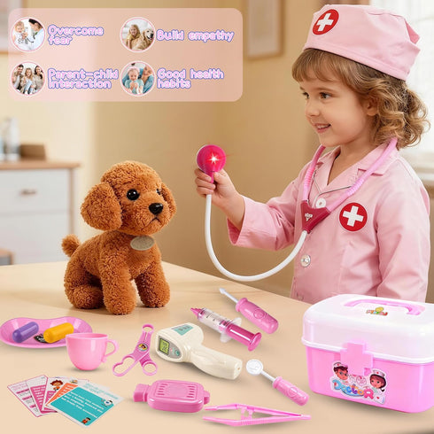 3-5 39 Set Girl Toys Doctor Kit for Toddlers with Plush Dog, PCS Kids Vet Play with Heartbeat Sound Stethoscope & Dress