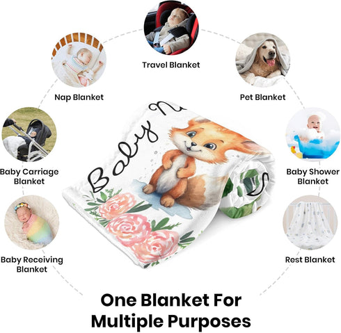 Novusopt Monogrammed Fox Baby Personalized Floral Receiving Blanket with Customized Name for Newborn Babies Nursery