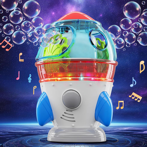 Automatic Bubble Machine, 360° Rotatable Rocket Bubble Blower with Lights & Music for Kids, Indoor Outdoor Use
