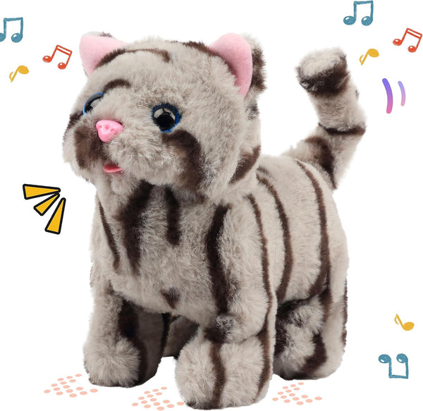 Easfan 9’’ Walking Kitty Plush Toy - Electric Interactive Cat Stuffed Animal with Meowing Tail and Nodding Head