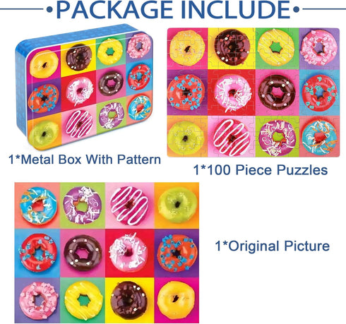 LELEMON Donut Puzzle for Kids Ages 4-8, 100 Piece Jigsaw Puzzles in Metal Box, Educational Fun for Girls and Boys