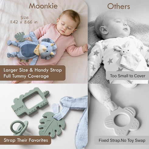 Moonkie Baby Lovey with Silicone Teether, Dinosaur Security Blanket with Textured Ribbons, Crinkle Toys, Soft Minky