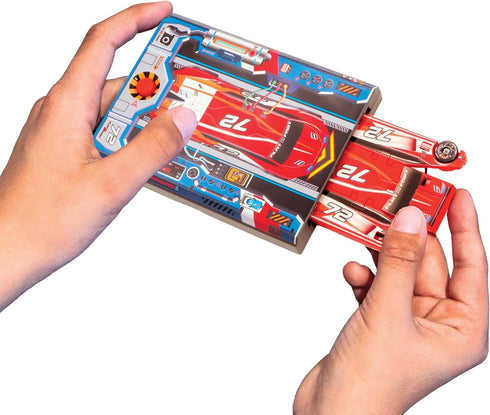 2 FLAT FAST Original Stunt Card Racer Flat Car Racer and Pocket Size Racecar Launcher with Built-in Button for Stunt