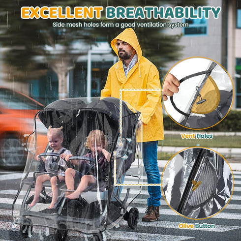 IvyWind Double Stroller Rain Cover, Universal Stroller Cover for Side by Side Baby Stroller, Breathable Weather Shield