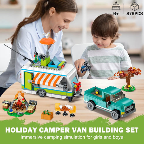 Set 3-IN-1 879PCS 6-12 HOGOKIDS City Camper Van Building with LED Light - Holiday RV Camping Building Toy for Kids
