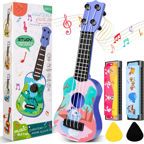 Kids Guitar 10" Musical Toy Guitar, Classical Mini Toddler Ukulele with 2 Extra Harmonica and 2 Guitar Picks, Dinosaur