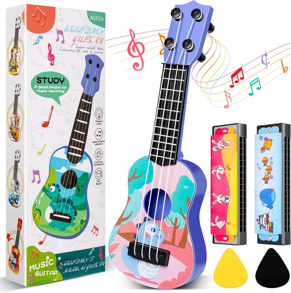 Kids Guitar 10" Musical Toy Guitar, Classical Mini Toddler Ukulele with 2 Extra Harmonica and 2 Guitar Picks, Dinosaur