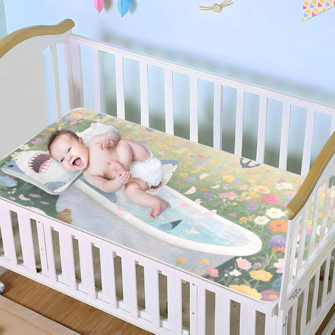 WDdZzyy 28" 52" Shark Bathtub Flower Cooling Baby Crib Mattress Cover x Reusable Pads Washable for Baby&Toddler
