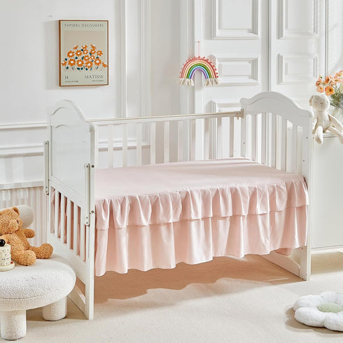 3 Set Pieces Tufted Stripes Crib Bedding with Ruffle Fringe, Pink Ruffled Comforter with Fitted Sheet and Bed Skirt